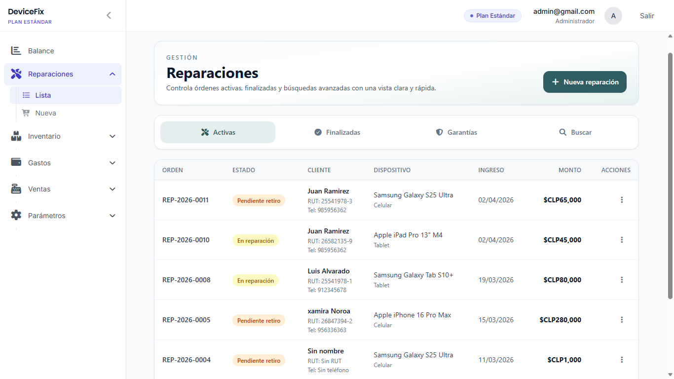 Listado de reparaciones